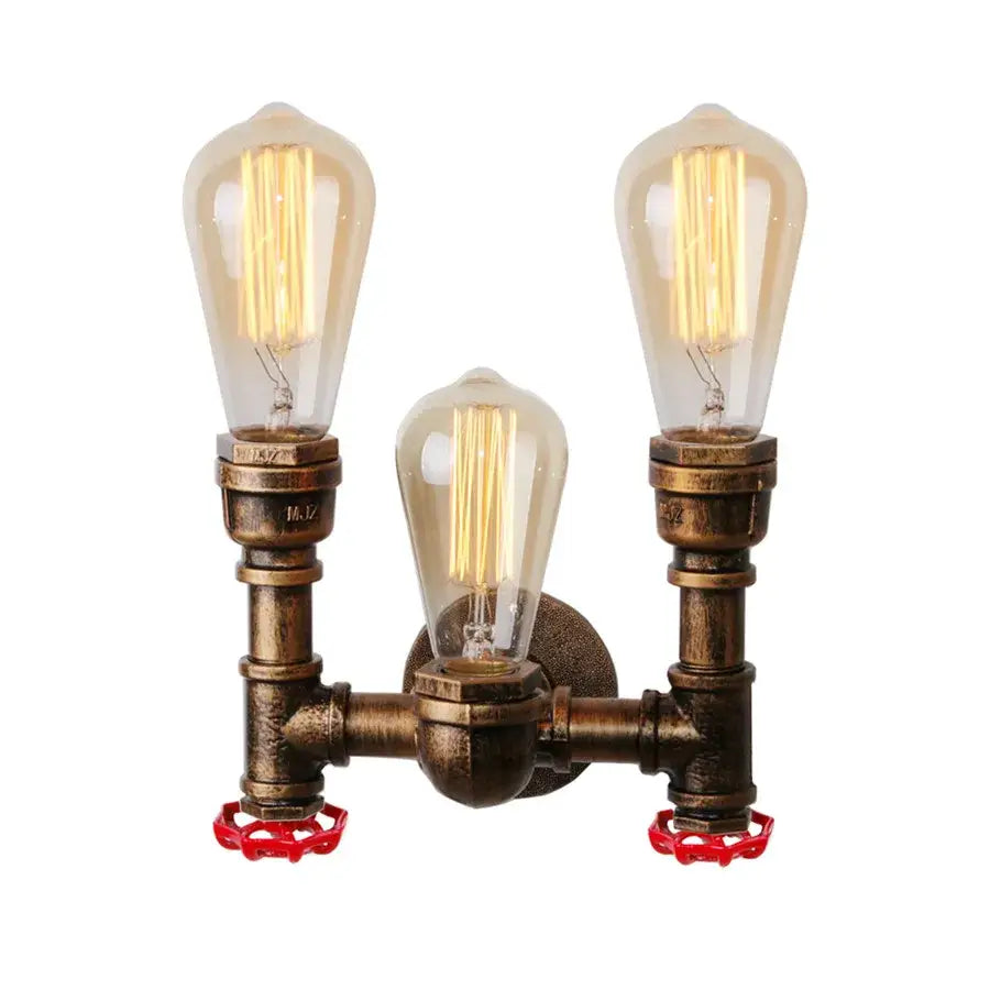 Industrial iron rust water pipe wall lights featuring three vintage edison bulbs with brass pipe and red valve handles