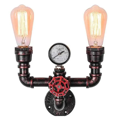 Industrial iron rust water pipe wall lights with two amber filament bulbs and a red valve for living room sconce