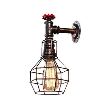 Industrial iron rust water pipe wall lights featuring a rusted metal pipe, red valve handle, and wire cage edison bulb for living room