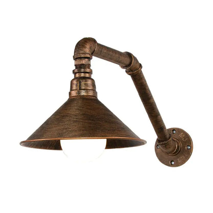Industrial iron rust wall lights with bronze water pipe arm and conical shade for living room sconce lighting