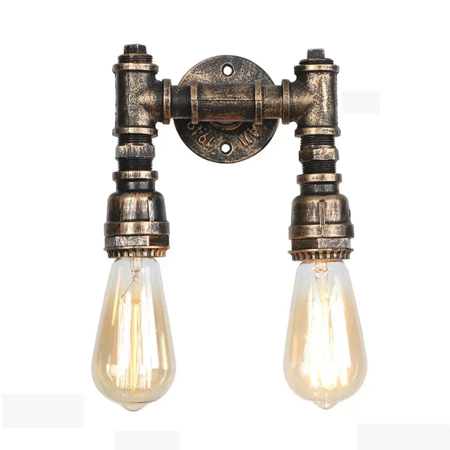 Industrial iron rust wall lights featuring two exposed filament bulbs in brass-finished water pipe fittings for living room