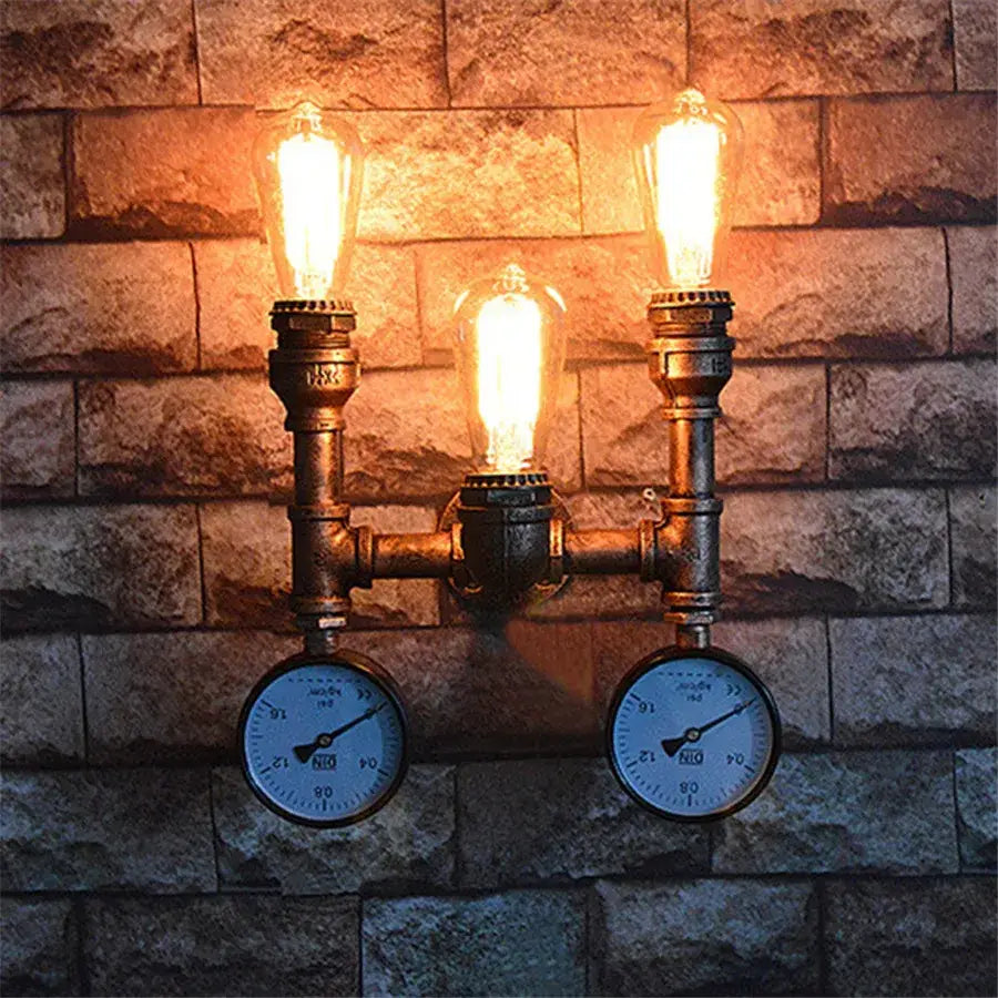 Industrial iron rust water pipe wall lights with three glowing filament bulbs and two pressure gauges for living rooms