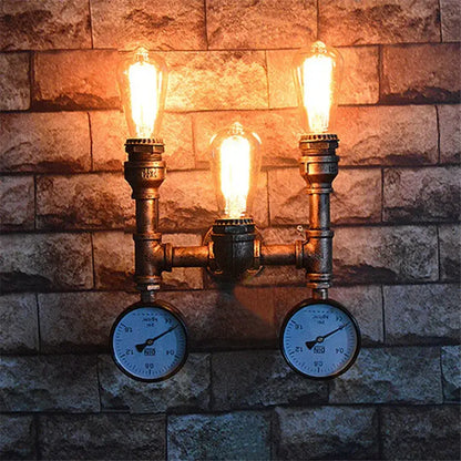 Industrial iron rust water pipe wall lights with three glowing filament bulbs and two pressure gauges for living rooms