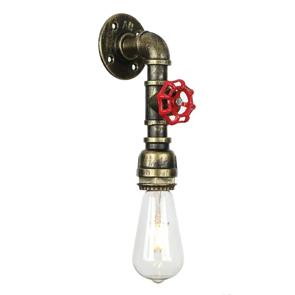 Industrial iron wall lamp with brass pipe fittings red valve handle and exposed filament bulb for bedroom decorbites industrial iron wall