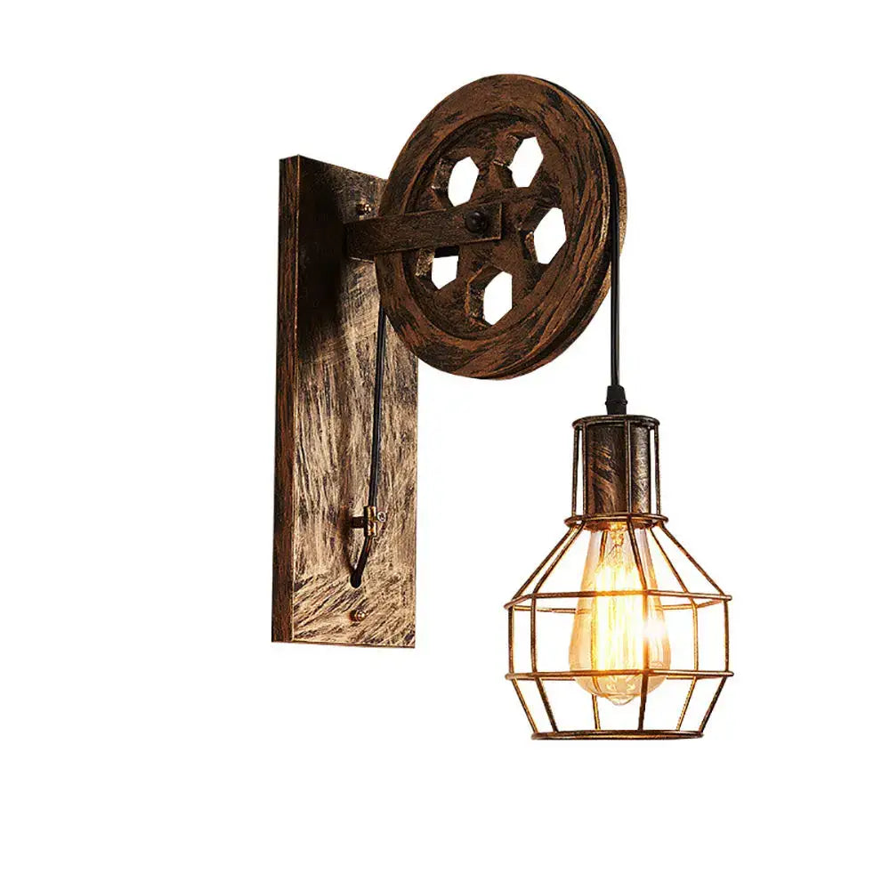 Industrial iron wall sconce with rustic wooden pulley and metal cage housing exposed bulb for cafe decorbites decor