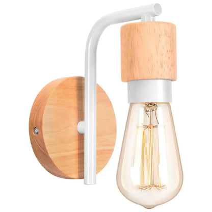 A decorbites industrial led wood wall sconce with white metal arm, circular wooden backplate, and light wood cap