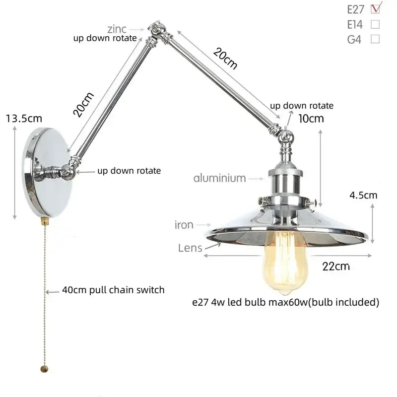 Industrial lens vintage adjustable chrome wall lamp with articulated arms and edison bulb for bedroom decorbites industrial lens