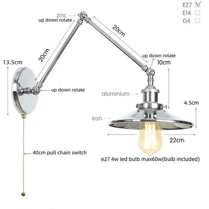 Chrome finished adjustable wall lamp with articulated arms and vintage edison bulb from decorbites industrial lens vintage collection