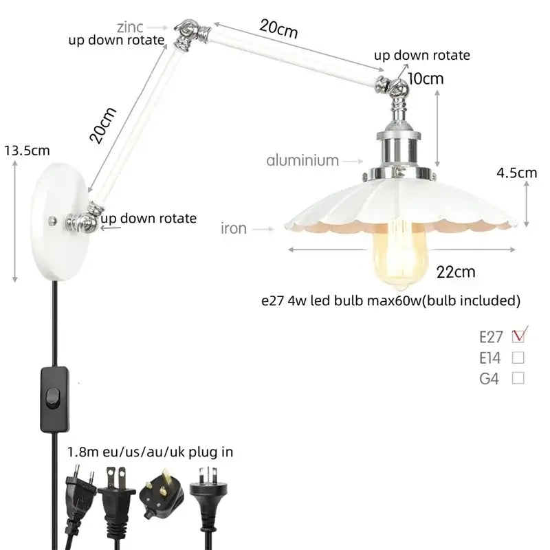 Adjustable wall lamp with white scalloped glass shade and chrome metal arms, decorbites industrial lens vintage design