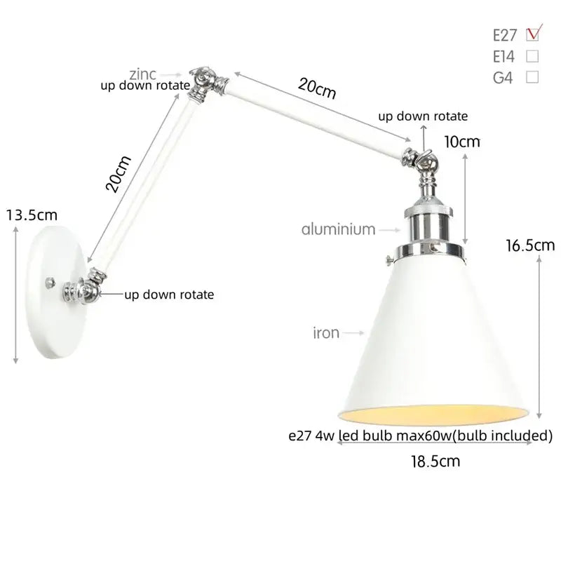 White conical lampshade wall lamp with chrome metal arm and mount decorbites industrial lens vintage adjustable lighting