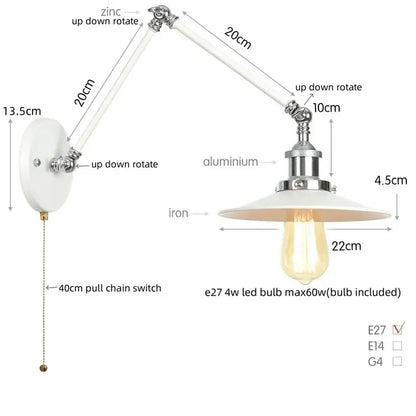 White adjustable wall lamp with zinc and aluminum arms iron base featuring decorbites industrial lens vintage design