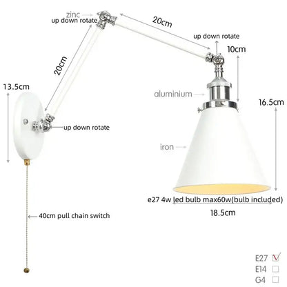 White conical lampshade wall lamp with polished chrome finish on adjustable zinc and aluminum arm decorbites industrial lens vintage