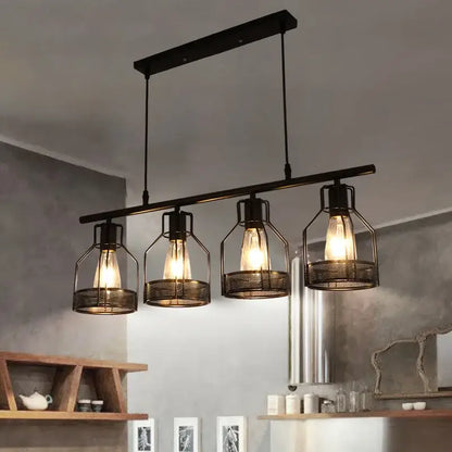 Industrial loft chandelier black metal pendant light with four exposed edison bulbs in mesh cages by decorbites industrial