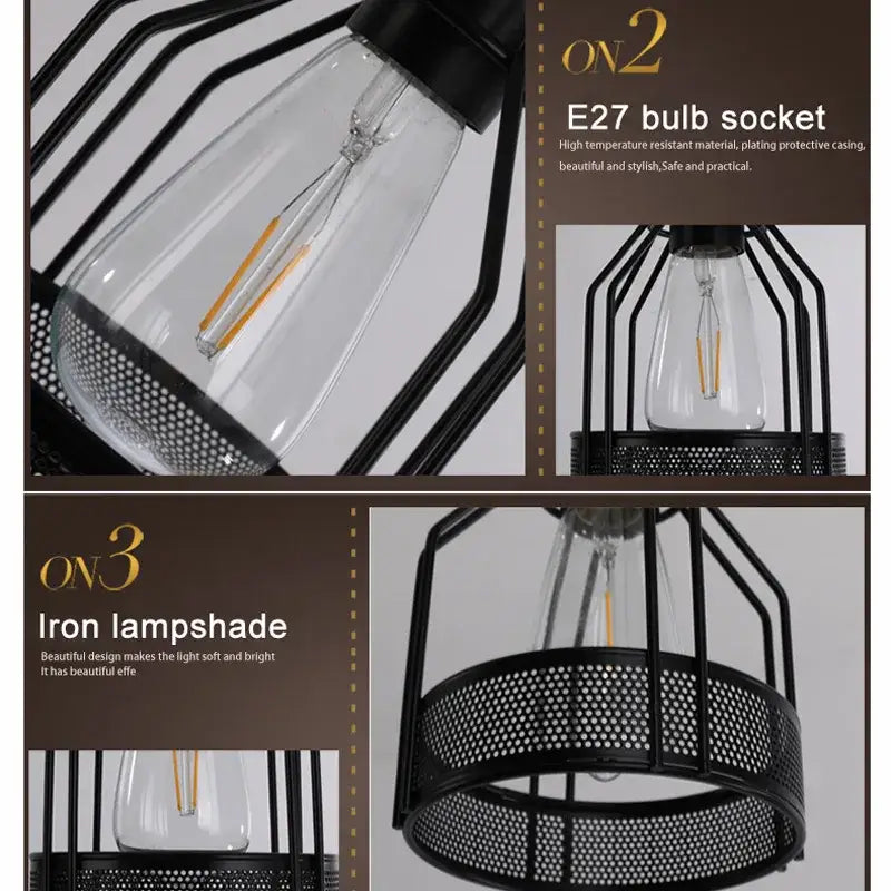 Black iron cage pendant light with clear glass bulb and perforated shade decorbites industrial loft chandelier