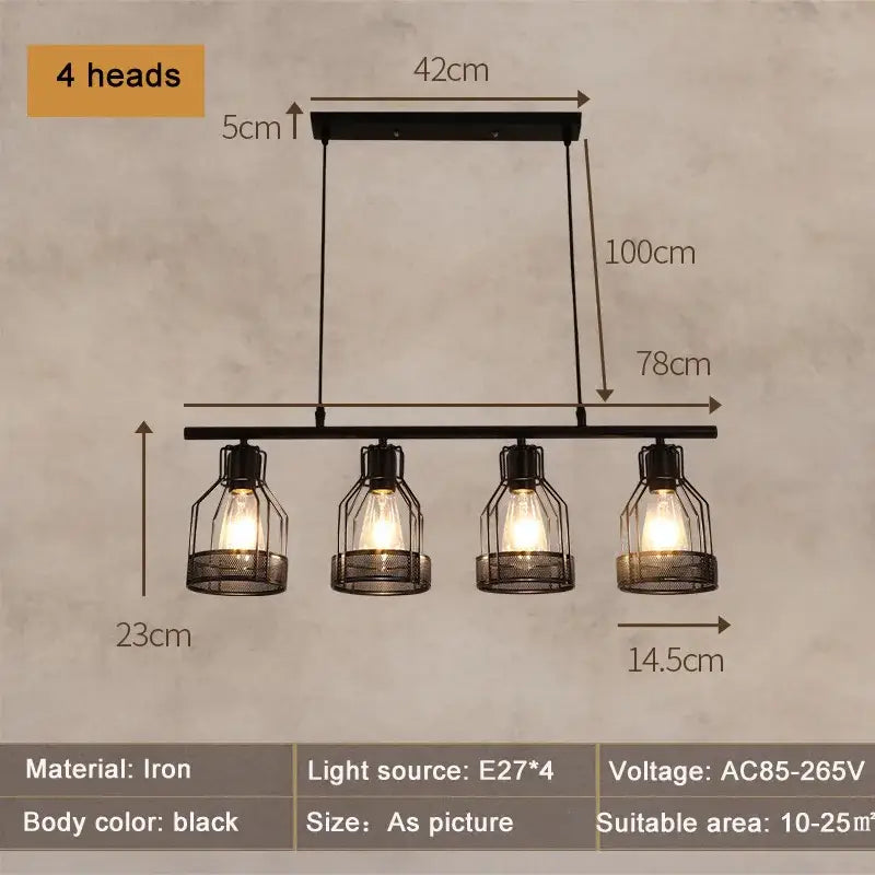 Black iron industrial loft chandelier with four exposed bulbs in metal mesh cages for dining room decorbites industrial