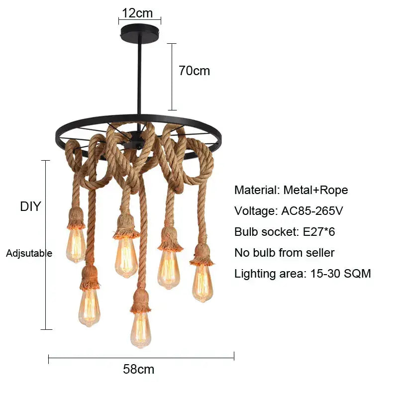 Industrial loft chandelier by decorbites with black metal frame and natural brown rope featuring six exposed Edison bulbs