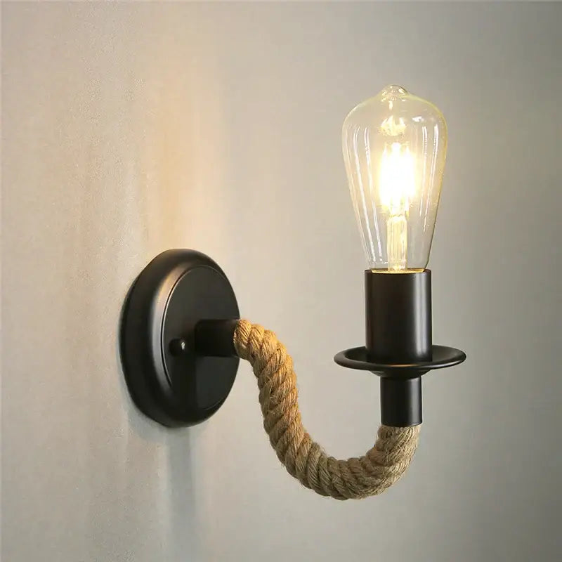 Industrial loft hemp rope wall lamp with black metal base and exposed edison bulb by decorbites industrial loft