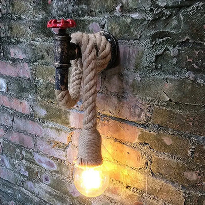 Industrial loft hemp rope wall lamp with black pipe, red valve handle, and beige rope decorbites industrial loft sconce