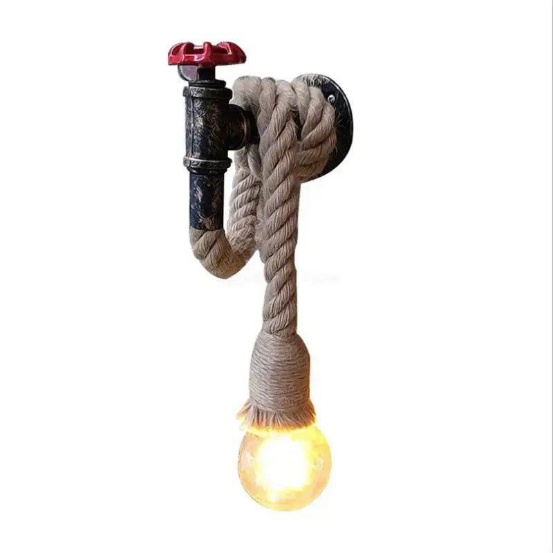 Industrial loft hemp rope wall lamp featuring black pipe, red valve, and thick beige rope with exposed bulb decorbites industrial loft