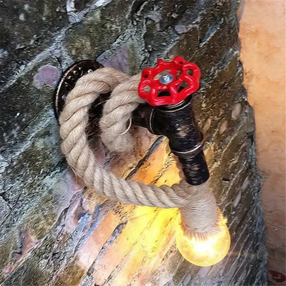 Industrial loft hemp rope wall lamp with black pipe, red valve handle, and exposed bulb for kitchen decorbites industrial loft
