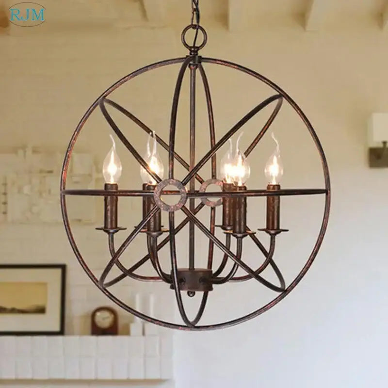 Bronze-finished industrial loft iron pendant light with five candle-style bulbs in a geometric spherical frame decorbites industrial loft decor
