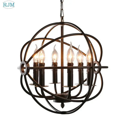 Bronze-finished spherical pendant light with five candle-style bulbs for decorbites industrial loft iron lighting
