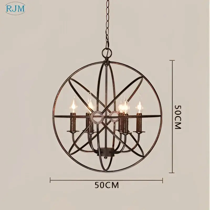 Industrial loft iron pendant light with six candle-like bulbs in a bronze wrought iron spherical frame for dining room decorbites industrial loft