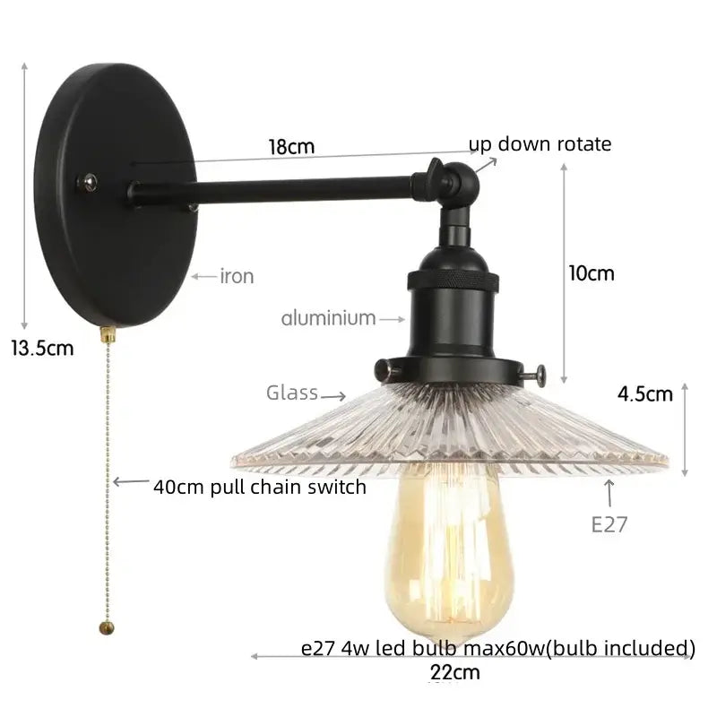 Black iron and aluminum industrial loft led wall light with faceted glass shade and e27 led bulb for bedroom decorbites industrial loft