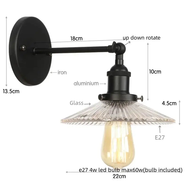 Black wrought iron and aluminum industrial loft led wall light with faceted glass shade for bedroom decorbites industrial loft