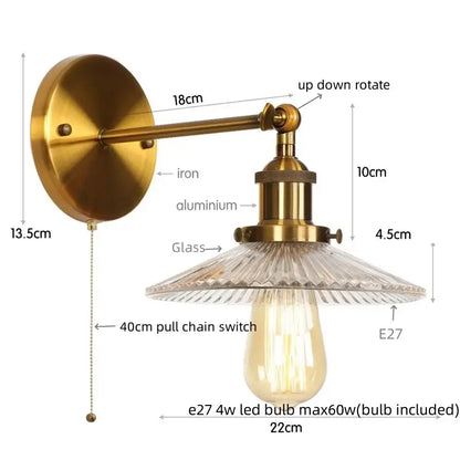 Brass-finished industrial loft led wall light with textured glass shade and exposed edison bulb for decorbites industrial loft bedroom