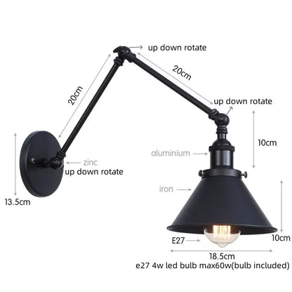 Black industrial loft led wall lamp with adjustable matte aluminum and iron sconce for decorbites industrial loft bedroom decor