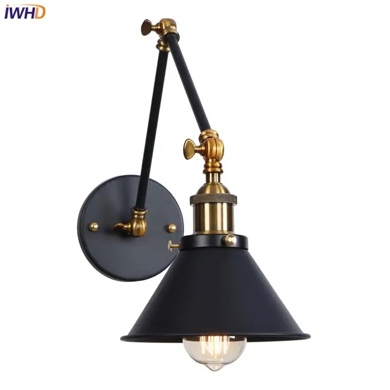 Black industrial loft led wall lamp with brass accents and adjustable arm from decorbites industrial loft bedroom sconce