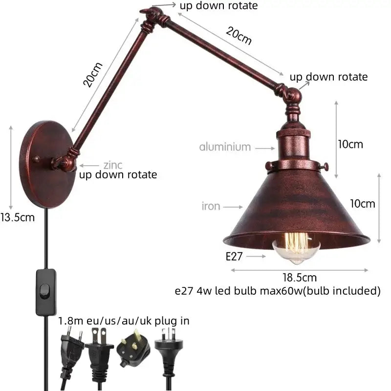 Industrial loft led wall lamp with bronze-finished metal frame zinc alloy adjustable arm for decorbites industrial loft decor