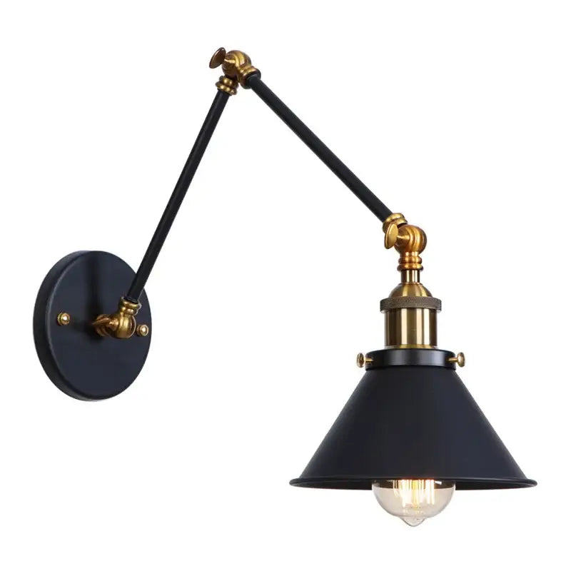 Black industrial loft led wall lamp with brass accents and adjustable arm for bedroom decorbites industrial loft sconce