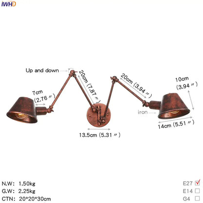 Copper-finished iron wall-mounted double-arm adjustable led wall light fixture with conical shades for bedroom use