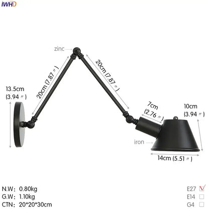 Black zinc and iron industrial matte black adjustable led wall light fixture with conical shade for bedroom use