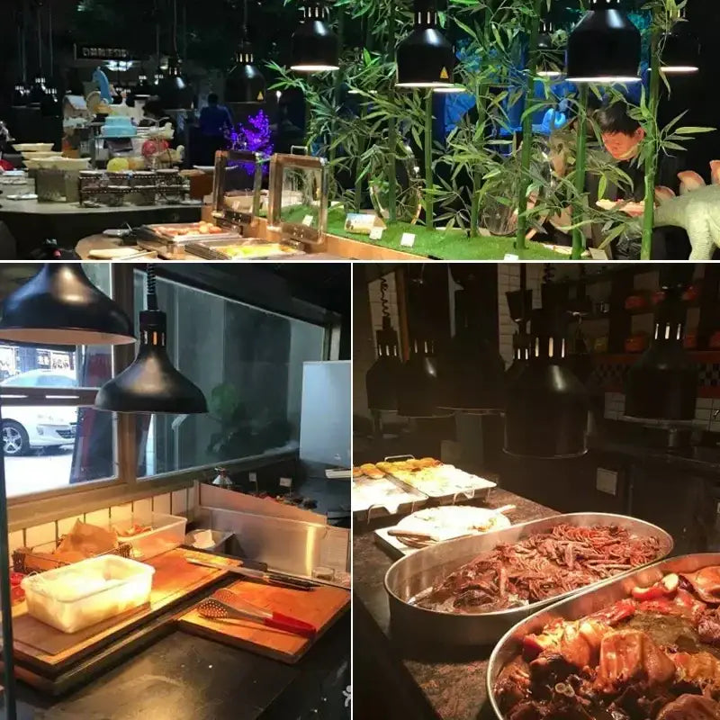Industrial matte black electric food heat preservation lamp with conical pendant lights above buffet food stations