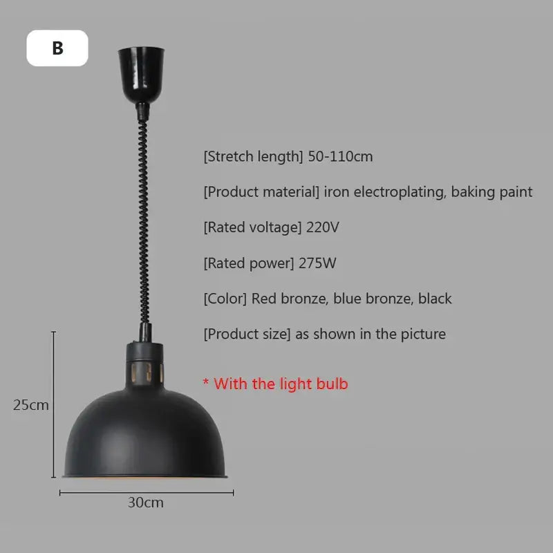 Industrial matte black electric food heat preservation lamp with dome shade and flexible coiled neck for kitchen use