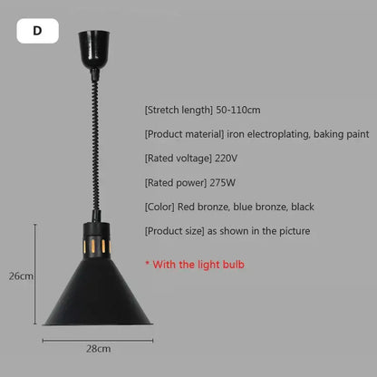 Black conical industrial heat preservation lamp with flexible coiled metal stem and iron electroplated finish for electric food heat