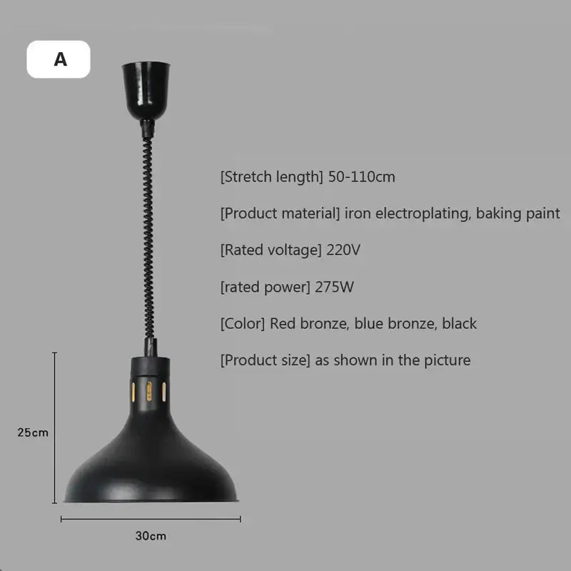 Black industrial-style electric food heat preservation lamp with coiled metal stem and wide bell-shaped shade for kitchen use