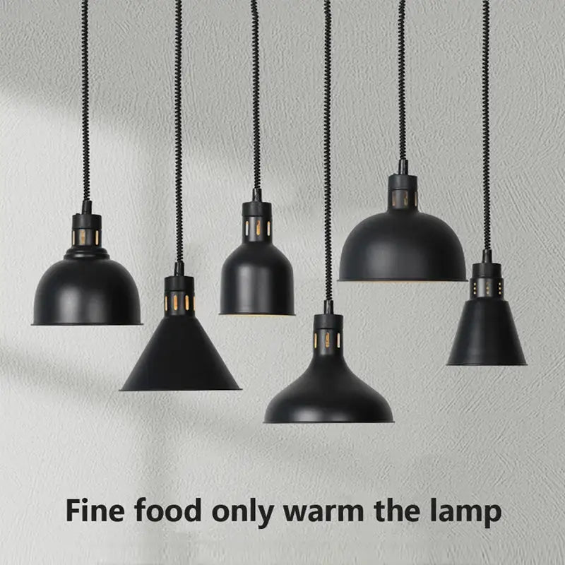 Industrial matte black pendant lamps with textured cords designed for electric food heat preservation in kitchens