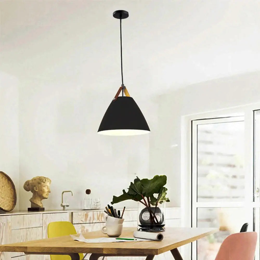 Industrial matte black pendant light fixture with wooden accents conical design for kitchen lighting