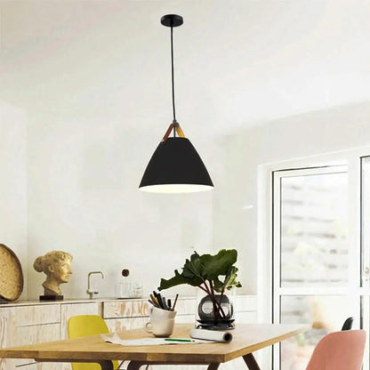 Industrial matte black pendant light fixture with wooden accents conical design for kitchen lighting