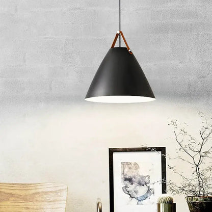 Black matte conical pendant light fixture with brown leather strap suspension ideal for kitchen lighting