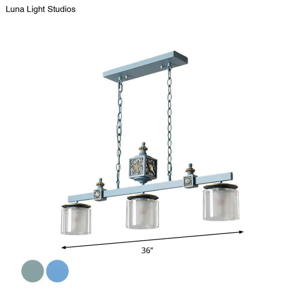 Decorbites sky blue dual cylinder parlor island pendant lamp with three clear glass shades and ornate metal design