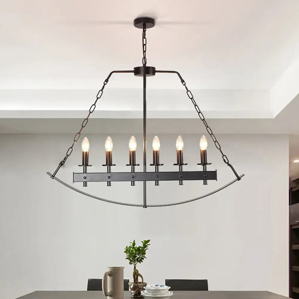 Industrial metal black island lighting pendant light with six exposed bulb sockets and chain suspension for dining room
