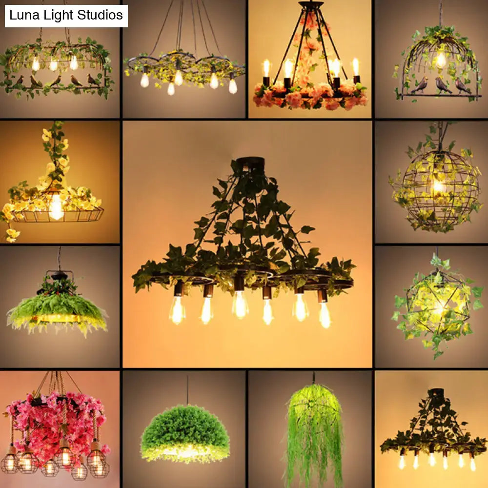 Decorbites™ industrial metal pendant light in black with rustic wrought iron chandelier and lush artificial green vines, 220v-240v 110v-120v