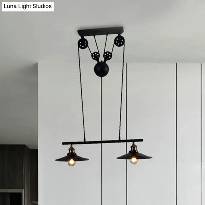 Decorbites™ industrial style metal island pendant light in black finish with two exposed bulbs and chain cord pulley system