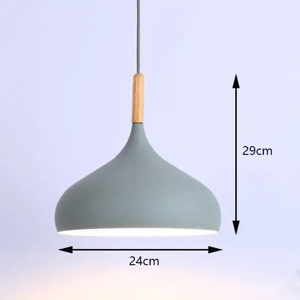 Gray matte-finished pendant light with wooden accent and metal shade in industrial pastel metal finish for kitchen use
