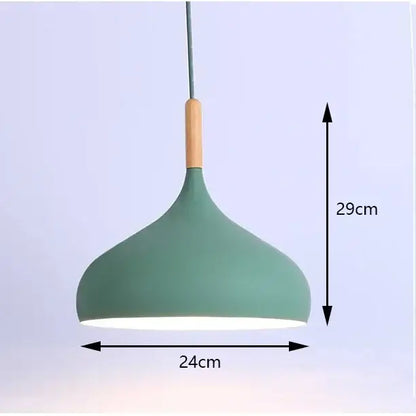A modern pendant light with a matte sage green metal shade and natural wood rod in industrial pastel design
